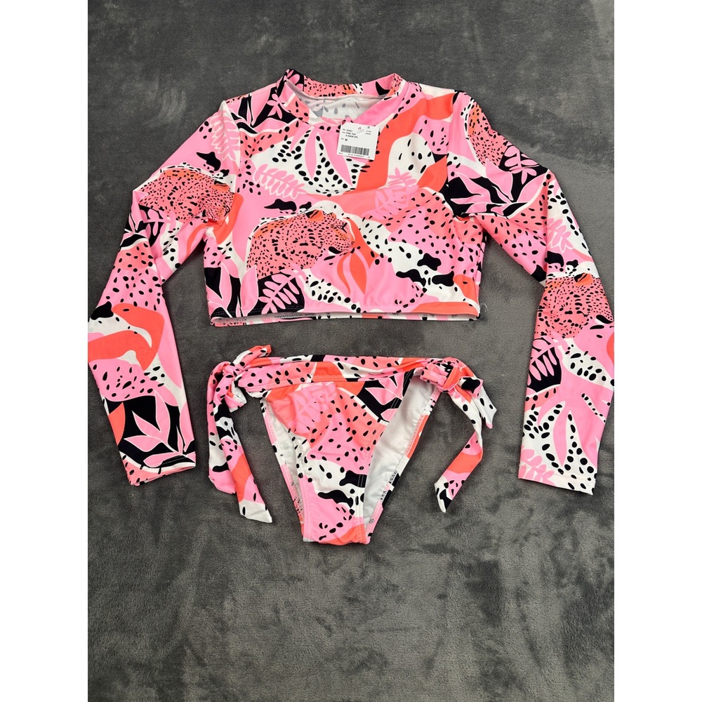 Stylish Swimwear Pink Leopard Tropical Long Sleeve Rash Guard Bikini Set Mens M